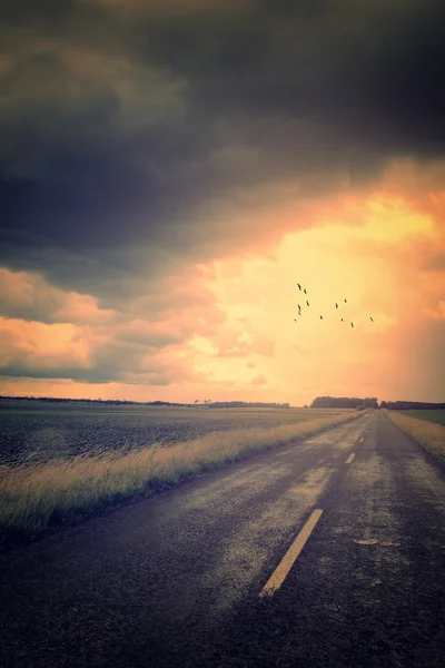 Foto vintage da estrada de tráfego no por do sol — Fotografia de Stock