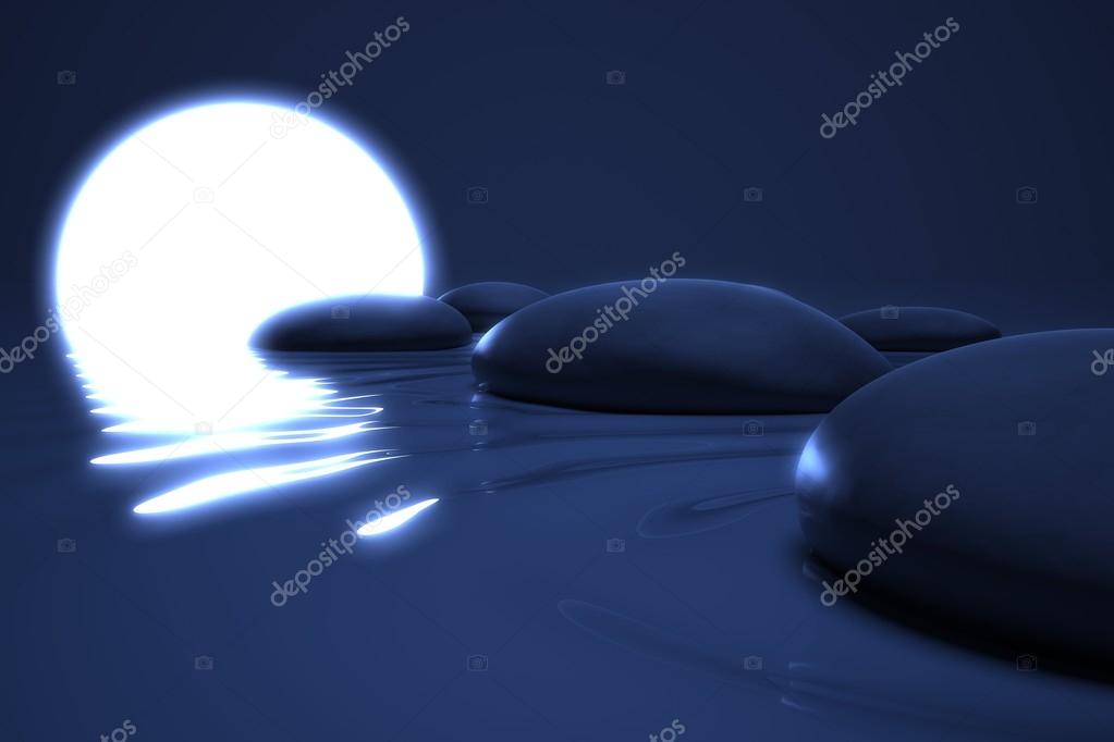 Zen moon glows on stones in the water