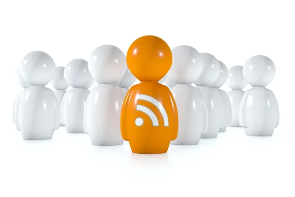 Читачі подач слідують помаранчевій 3d людині з логотипом rss — стокове фото