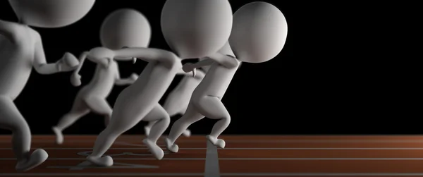 3d small man wins a run race on black background — Stock Photo, Image