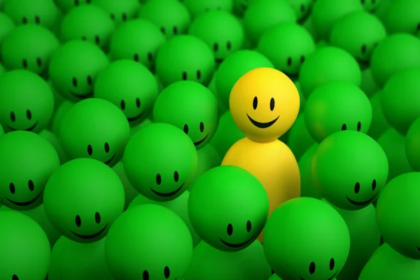 3d yellow man comes out from a green crowd — Stock Photo, Image