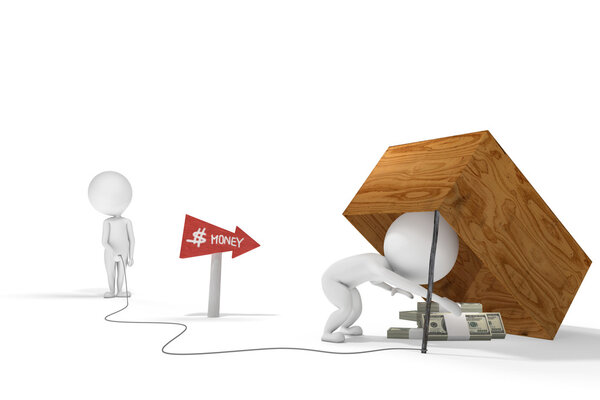 Маленький белый человек обманывает другого человека денежной ловушкой.
