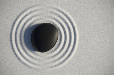 Zen bahçesinde bir taş ve onun uyum dalgalar Üstten Görünüm