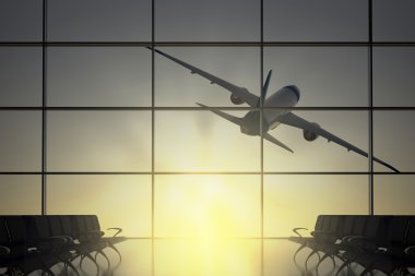 Plane flies away from airport clipart