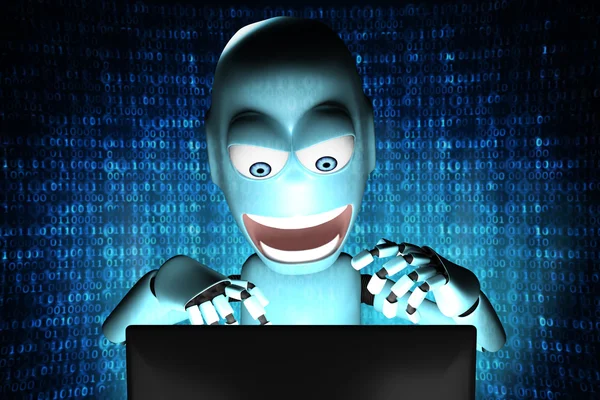 蓝色背景上的二进制编码的书呆子机器人黑客 — 图库照片