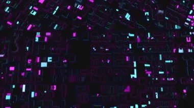 Mor ve cyan neon ışıklarıyla yaratılmış stilize bir şehrin geri dönüşü,