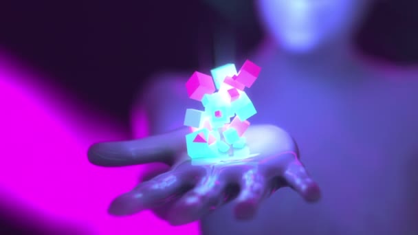 メタバースレンガ 3D生成された女性キャラクターが手を開き 紫と青の仮想現実キューブを解放します カメラは手からサイボーグの顔に移動します キューブはデジタルレンガを表し — ストック動画