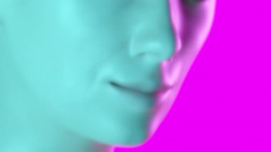 Meta-evren avatarı kameraya bakar ve gülümser. Pembe ve mavi arka planda 3 boyutlu genç dişiye yakın çekim yapar.