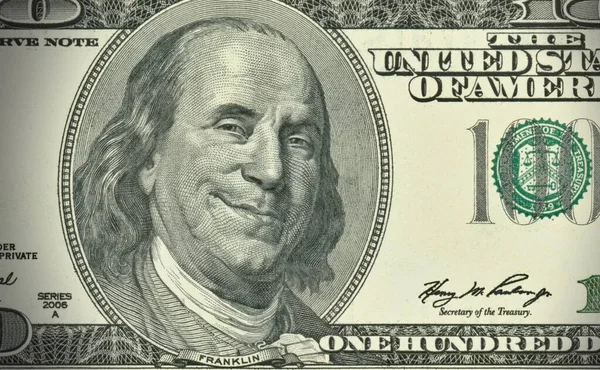 Американские Деньги Банкнота Сто Долларов Жадным Выражением Стоковое Фото