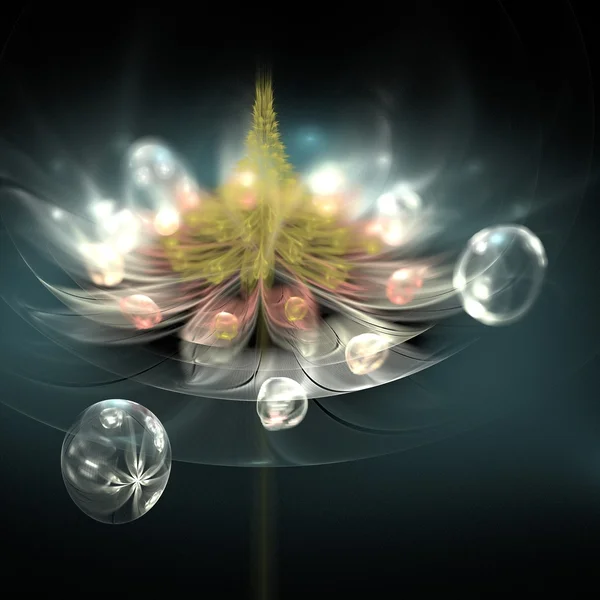 Flame fractal flowers and transparent drops — Stock Photo, Image