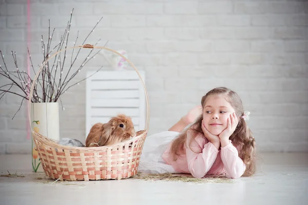 Дівчина лежить біля кошика з кроликом — стокове фото