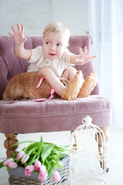 küçük çocuk ile bir tavşan bir sandalyede oturuyor