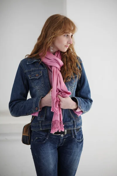 Girl in denim suit — Stock Photo, Image