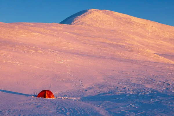 Turisttält Vinterbergen Upplysta Den Nedgående Solen — Stockfoto