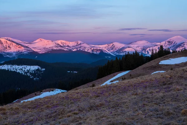 朝の光は雪の頂上を照らす帽をかぶった山々 — ストック写真