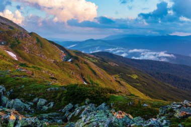Akşam güneşiyle aydınlanan Karpat Dağları 'nın yamaçlarında. Ukrayna.