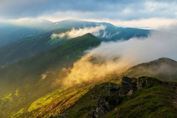 Akşam Güneşiyle Aydınlanan Sis Dağların Yamaçlarını Kaplıyor Karpatlar Ukrayna — Stok fotoğraf