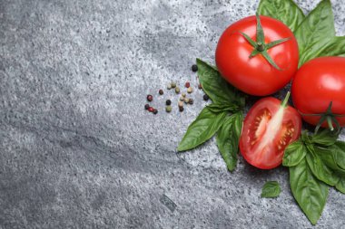 Olgun domatesler, fesleğenler ve biberler gri taş masanın üzerinde, yazı için yeri var, düz yatıyordu.