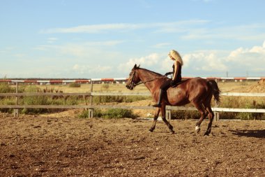 Blonde girl riding bay horse bareback clipart