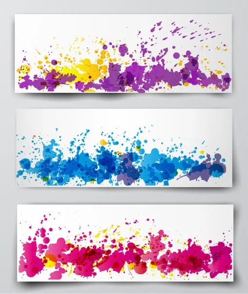 Banners met violet, blauw en rood spatten. — Stockvector