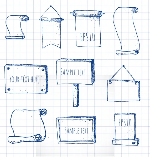 Set handgetekende schets frames op gekwadrateerde papier. — Stockvector