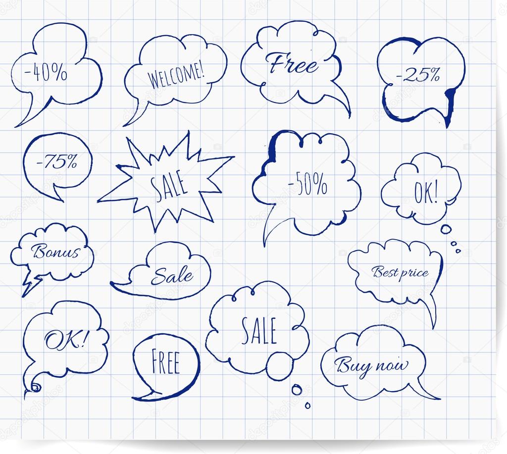 Set of hand-drawn ink speech and thought bubbles