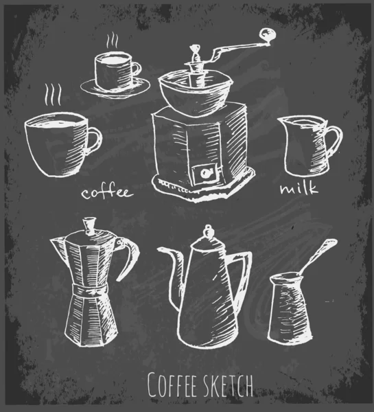 Ensemble d'éléments de café sur tableau noir — Image vectorielle