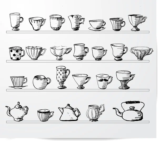 Schetsen van vintage kopjes en potten van de thee. — Stockvector