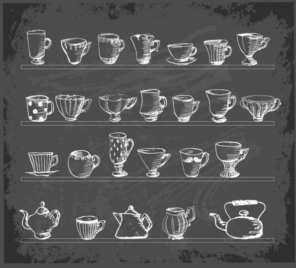 Sketches of vintage cups and tea pots — Stock Vector