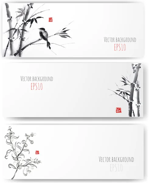Banners con bambú, sauce y aves — Archivo Imágenes Vectoriales