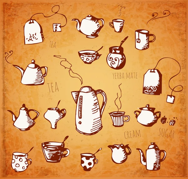Çay nesneleri skeçleri — Stok Vektör