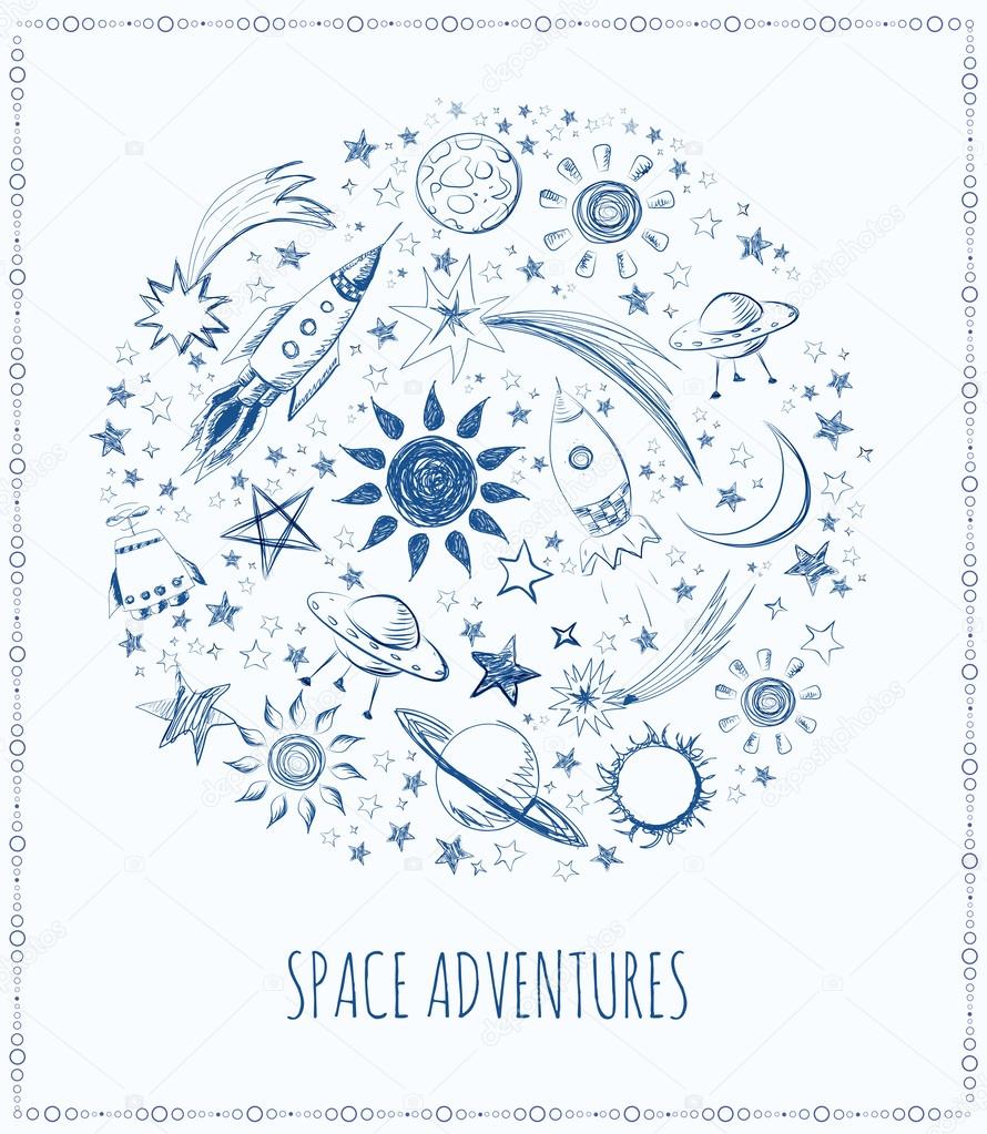 Card with sketchy space objects