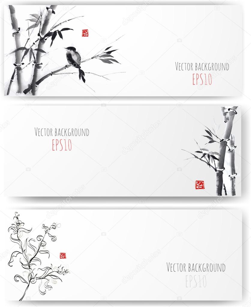 Banners with bamboo, willow and bird