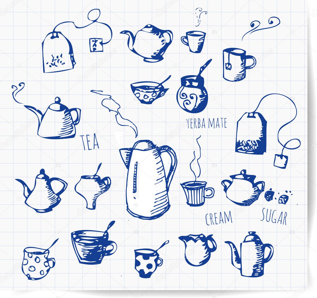Pen Sketches of tea objects