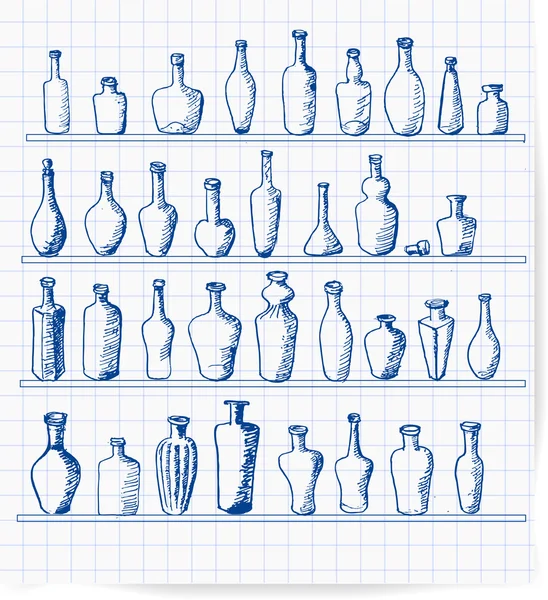 Колекція старих пляшок на підкладковому папері . — стоковий вектор