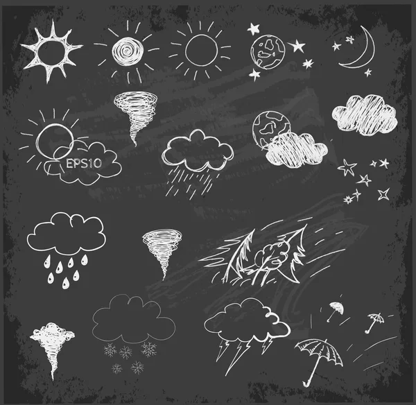 Weather symbols set on on chalkboard blackboard . — Stock Vector