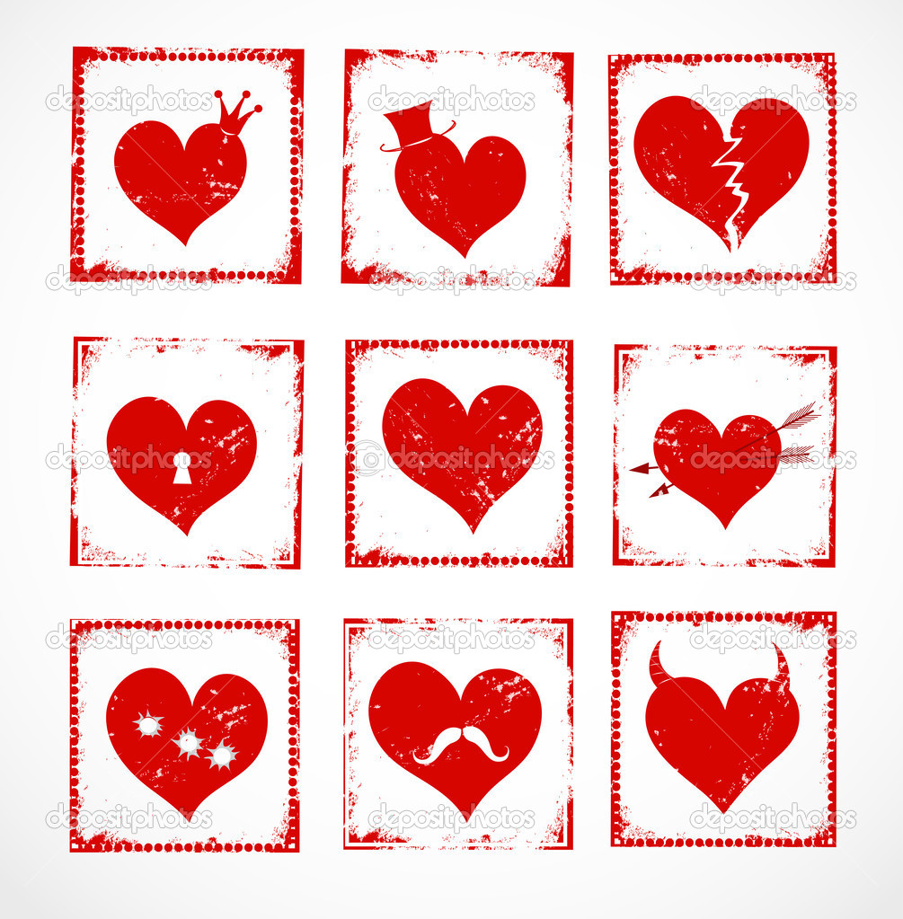 Set of bright grunge rubber stamps with cute hearts for your design.