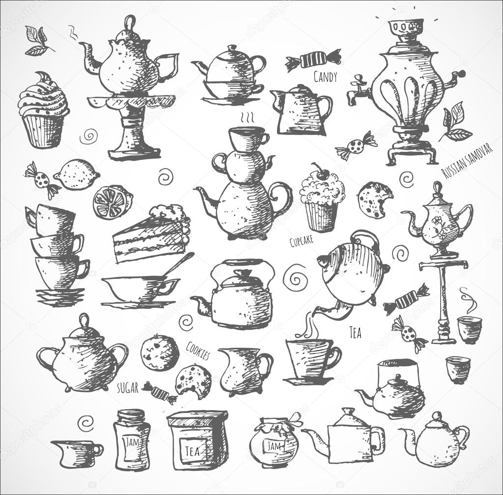 Sketches of tea objects.