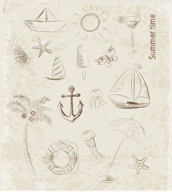 Yaz nesne grubu içinde vintage tarzı çizilmiş kroki