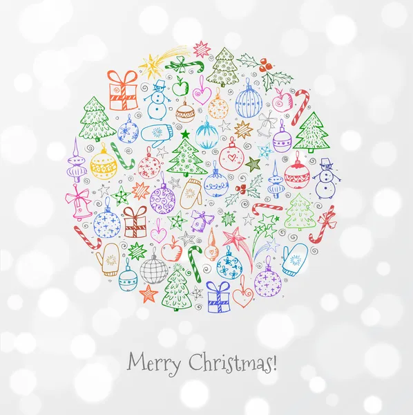 Carte de voeux dessinée à la main avec des arbres de Noël, boules de Noël — Image vectorielle