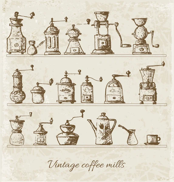 Collection of vintage coffee mills — Stock Vector