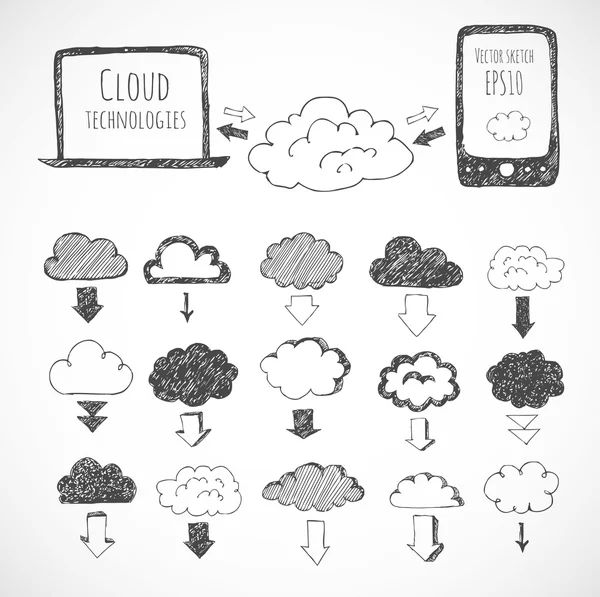 Symbole aus Wolken, Telefon, Laptop und Pfeilen — Stockvektor