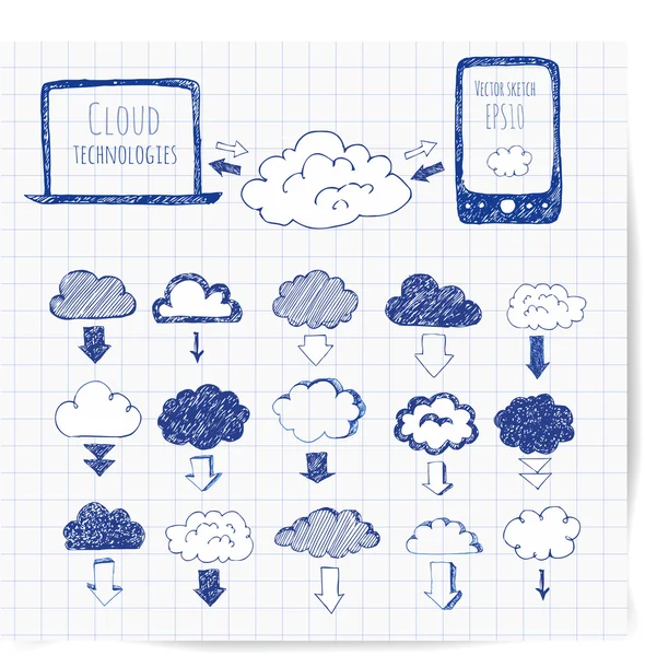 Symbole aus Wolken, Telefon, Laptop und Pfeilen — Stockvektor