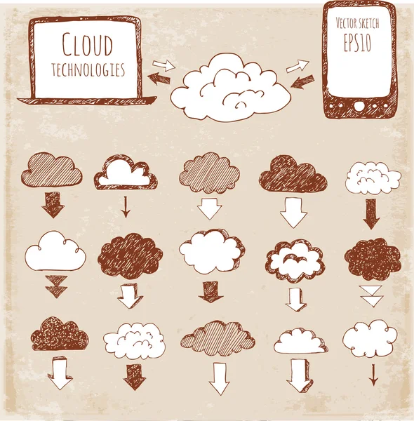 Symbole aus Wolken, Telefon, Laptop und Pfeilen — Stockvektor