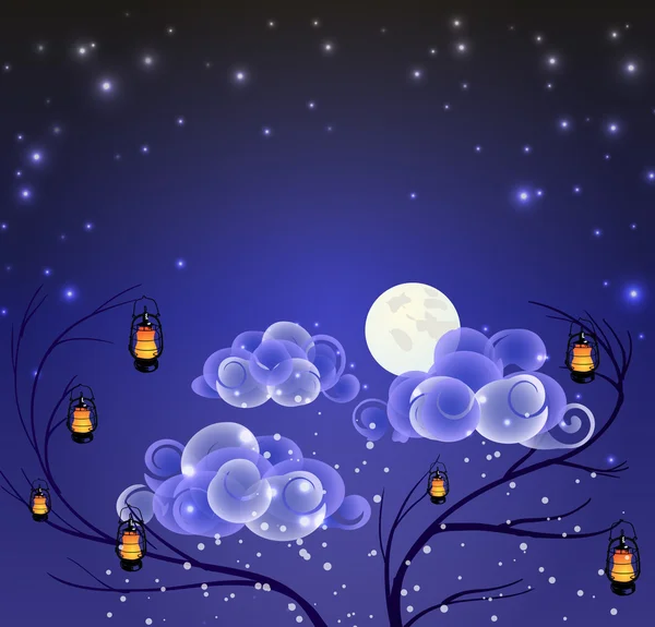 Fantástico paisaje nocturno con la Luna y linternas — Vector de stock