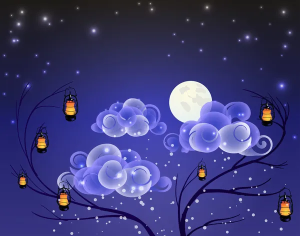 月と灯籠と幻想的な夜の風景 — ストックベクタ