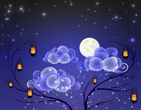 Fantastic night landscape with the Moon and lanterns — Stock Vector