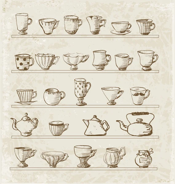 Sketches of vintage cups and tea pots. — Stock Vector