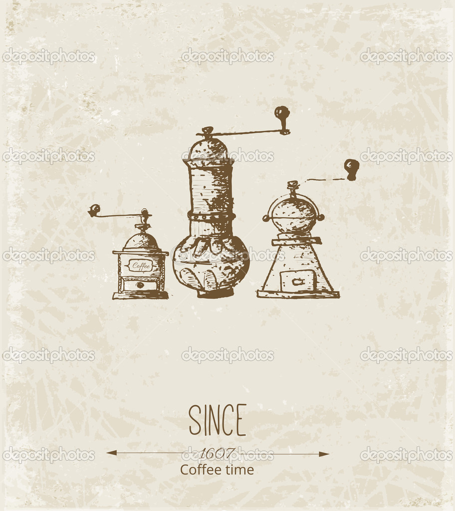 Card with vintage coffee mills.