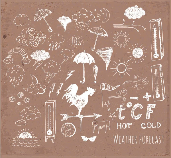 Set of weather symbols sketch on brown paper. — Stock Vector